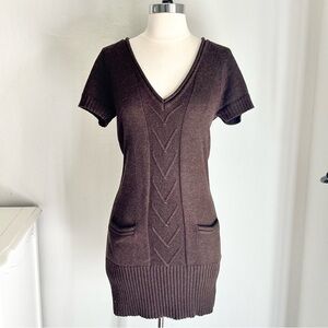 Dark Brown Cotton Mixed Knit Vneck Pocket Front Short Sleeve Sweater Dress, S